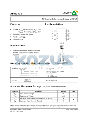 APM9430 datasheet - N-Channel Enhancement Mode MOSFET