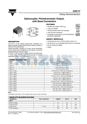 CNY17-1X007 datasheet - Optocoupler, Phototransistor Output,