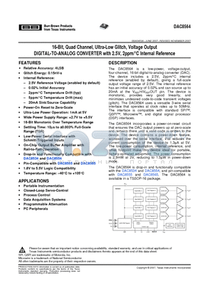 DAC8564IDPWR datasheet - 16-Bit, Quad Channel, Ultra-Low Glitch, Voltage Output DIGITAL-TO-ANALOG CONVERTER with 2.5V, 2ppm/`C Internal Reference