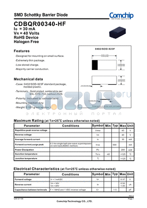 CDBQR00340-HF datasheet - SMD Schottky Barrier Diode