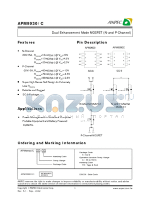 APM9930 datasheet - Dual Enhancement Mode MOSFET (N-and P-Channel)