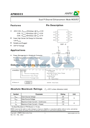 APM9933KC-TR datasheet - Dual P-Channel Enhancement Mode MOSFET