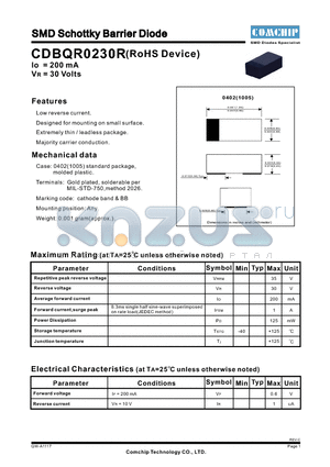 CDBQR0230R datasheet - SMD Schottky Barrier Diode