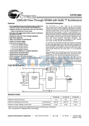 7C1351-40 datasheet - 128Kx36 Flow-Through SRAM with NoBL TM Architecture