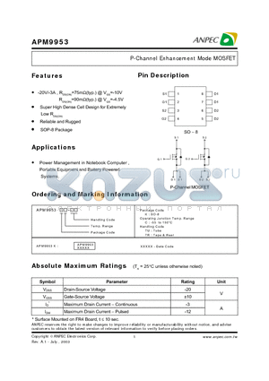 APM9953KC-TU datasheet - P-Channel Enhancement Mode MOSFET
