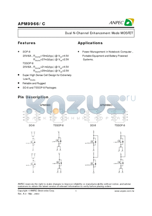 APM9966C datasheet - Dual N-Channel Enhancement Mode MOSFET