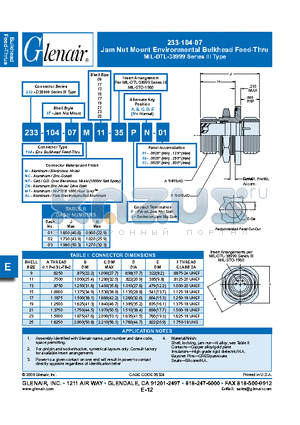 233-104-07M13 datasheet - Jam Nut Mount Environmental Bulkhead Feed-Thru