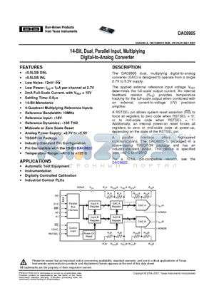 DAC8805 datasheet - 14-Bit, Dual, Parallel Input, Multiplying Digital-to-Analog Converter