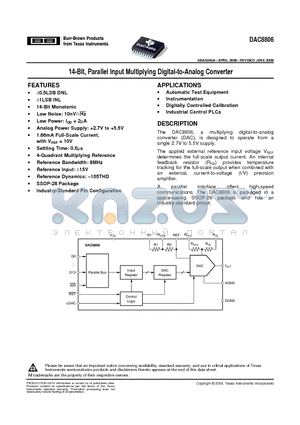 DAC8806IDBR datasheet - 14-Bit, Parallel Input Multiplying Digital-to-Analog Converter