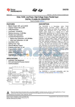 DAC8728SRTQR datasheet - Octal, 16-Bit, Low-Power, High-Voltage Output, Parallel Input DIGITAL-TO-ANALOG CONVERTER