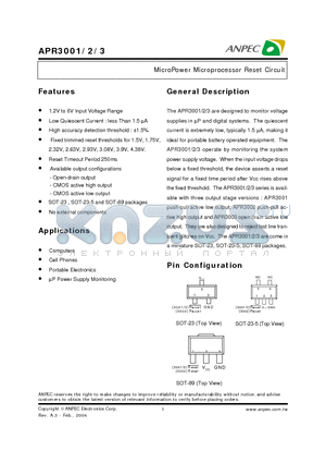 APR3001-18B datasheet - MicroPower Microprocessor Reset Circuit