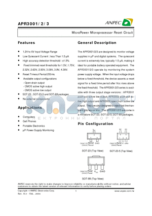 APR3001-19A datasheet - MicroPower Microprocessor Reset Circuit