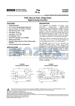 DAC8830ICD datasheet - 16-Bit, Ultra-Low Power, Voltage-Output Digital-to-Analog Converters