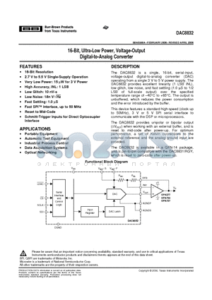 DAC8832ICRGYTG4 datasheet - 16-Bit, Ultra-Low Power, Voltage-Output Digital-to-Analog Converter