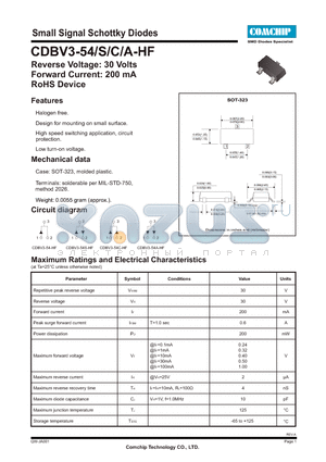 CDBV3-54S-HF datasheet - Small Signal Schottky Diodes