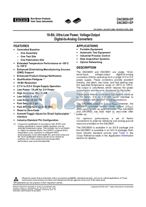 DAC8831MCD datasheet - 16-Bit, Ultra-Low Power, Voltage-Output Digital-to-Analog Converters