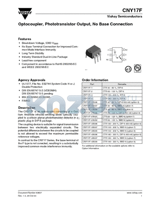 CNY17F-1X007 datasheet - Optocoupler, Phototransistor Output, No Base Connection
