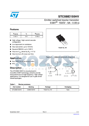 C08IE150HV datasheet - Emitter switched bipolar transistor ESBT 1500V - 8A - 0.08