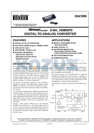 DAC908U datasheet - 8-Bit, 165MSPS DIGITAL-TO-ANALOG CONVERTER