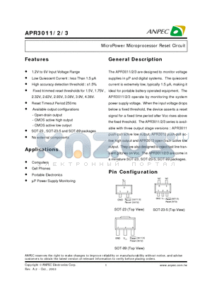 APR3011-15A datasheet - MicroPower Microprocessor Reset Circuit