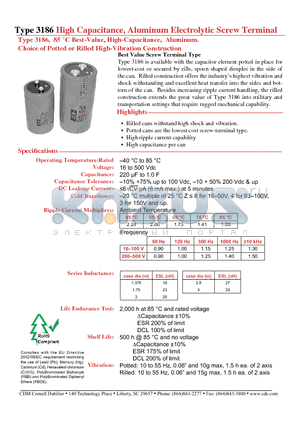 3186BA392T075APA1 datasheet - High Capacitance, Aluminum Electrolytic Screw Terminal