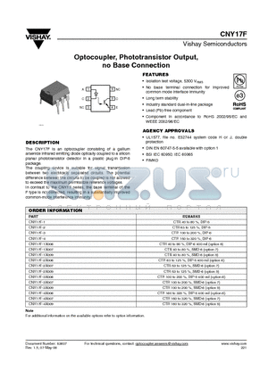 CNY17F-3X007 datasheet - Optocoupler, Phototransistor Output,no Base Connection