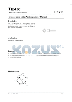 CNY18 datasheet - Optocoupler with Phototransistor Output
