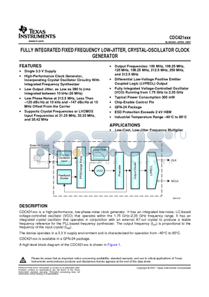 CDC421100 datasheet - FULLY INTEGRATED FIXED FREQUENCY LOW-JITTER, CRYSTAL-OSCILLATOR CLOCK GENERATOR