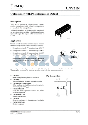 CNY21 datasheet - Optocoupler with Phototransistor Output