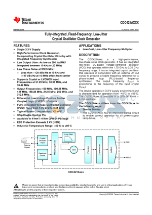 CDC421A125 datasheet - Fully-Integrated, Fixed-Frequency, Low-Jitter Crystal Oscillator Clock Generator