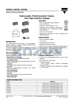 CNY66 datasheet - Optocoupler, Phototransistor Output,Very High Isolation Voltage