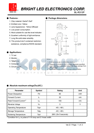BL-R313P datasheet - GaAsP /GaP Yellow Most suitable for use like level indicator.