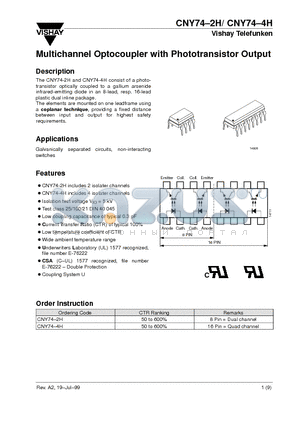 CNY74-4H datasheet - Multichannel Optocoupler with Phototransistor Output