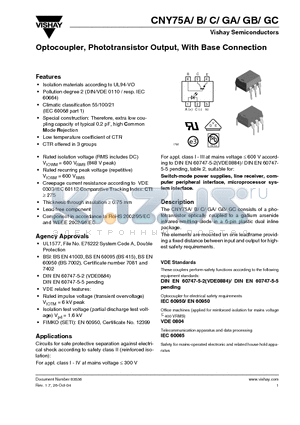 CNY75 datasheet - Optocoupler with Phototransistor Output