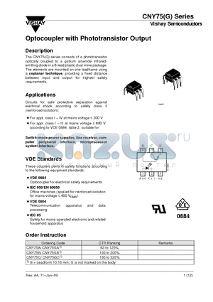 CNY75 datasheet - Optocoupler with Phototransistor Output