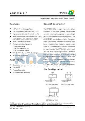 APR3021-15A datasheet - MicroPower Microprocessor Reset Circuit