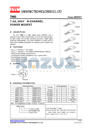 7N60L-TF1-T datasheet - 7.4A, 600V N-CHANNEL POWER MOSFET