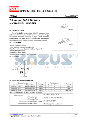7N60Z datasheet - 7.4 Amps, 600/650 Volts N-CHANNEL MOSFET