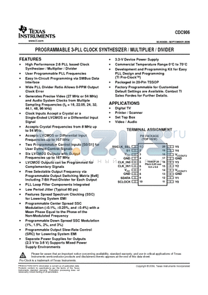 CDC906PWR datasheet - PROGRAMMABLE 3-PLL CLOCK SYNTHESIZER / MULTIPLIER / DIVIDER