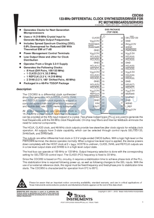 CDC950DGGG4 datasheet - 133-MHz DIFFERENTIAL CLOCK SYNTHESIZER/DRIVER FOR PC MOTHERBOARDS/SERVERS