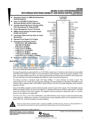 CDC960DLR datasheet - 200-MHz CLOCK SYNTHESIZER/DRIVER WITH SPREAD SPECTURM CAPABILITY AND DEVICE CONTROL INTERFACE