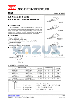 7N65L-TQ2-R datasheet - 7.4 Amps, 650 Volts N-CHANNEL POWER MOSFET