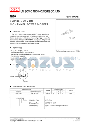 7N70L-TF3-T datasheet - 7 Amps, 700 Volts N-CHANNEL POWER MOSFET