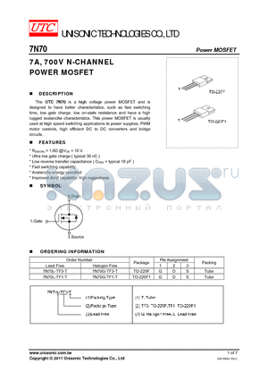 7N70G-TF1-T datasheet - 7A, 700V N-CHANNEL POWER MOSFET