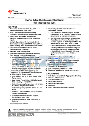 CDCE62005 datasheet - Five/Ten Output Clock Generator/Jitter Cleaner With Integrated Dual VCOs