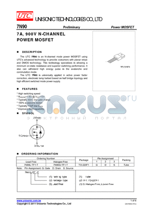7N90L-TF1-T datasheet - 7A, 900V N-CHANNEL POWER MOSFET