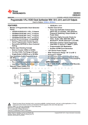 CDCE913 datasheet - Programmable 1-PLL VCXO Clock Synthesizer With 1.8-V, 2.5-V, and 3.3-V Outputs