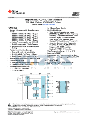 CDCE937 datasheet - Programmable 3-PLL VCXO Clock Synthesizer With 1.8-V, 2.5-V and 3.3-V LVCMOS Outputs