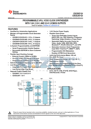 CDCE937QPWRQ1 datasheet - PROGRAMMABLE 3-PLL VCXO CLOCK SYNTHESIZER WITH 1.8-V, 2.5-V, AND 3.3-V LVCMOS OUTPUTS