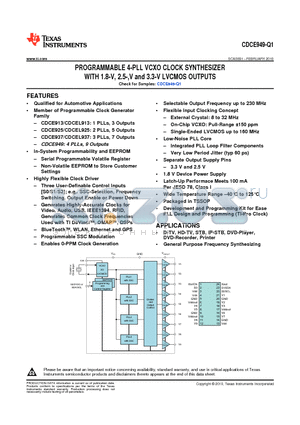 CDCE949-Q1 datasheet - PROGRAMMABLE 4-PLL VCXO CLOCK SYNTHESIZER WITH 1.8-V, 2.5-,V and 3.3-V LVCMOS OUTPUTS